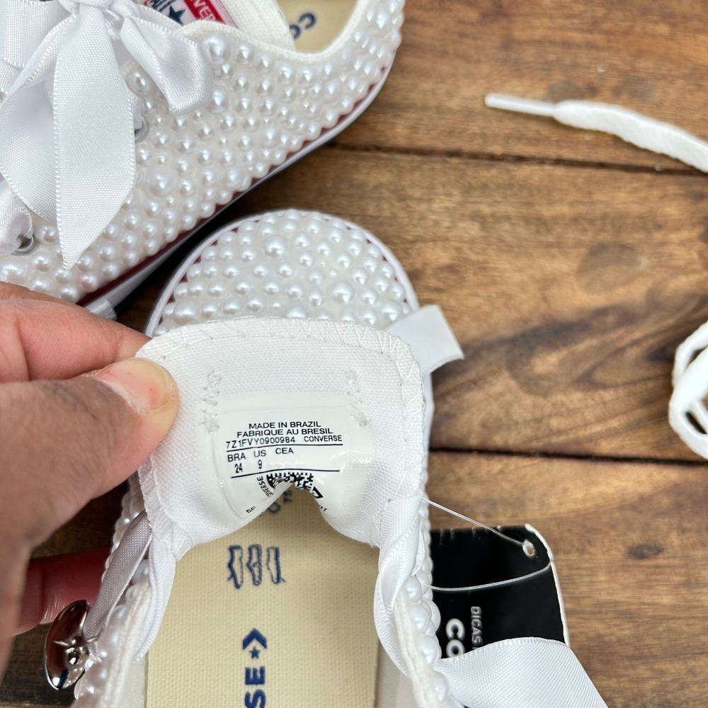 Converse All Star Pearl Embellished Low Top White Ribbon Lace Heart Charm Size 9 - Picture 7 of 7